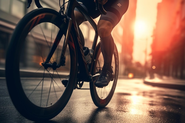 Hombre montando bicicleta en las calles de la ciudad en hora punta sobre fondo borroso