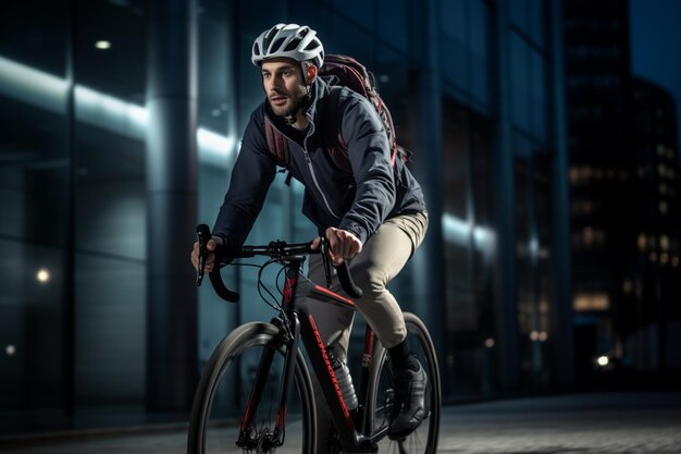 Hombre montando bicicleta en las calles de la ciudad en hora punta sobre fondo borroso