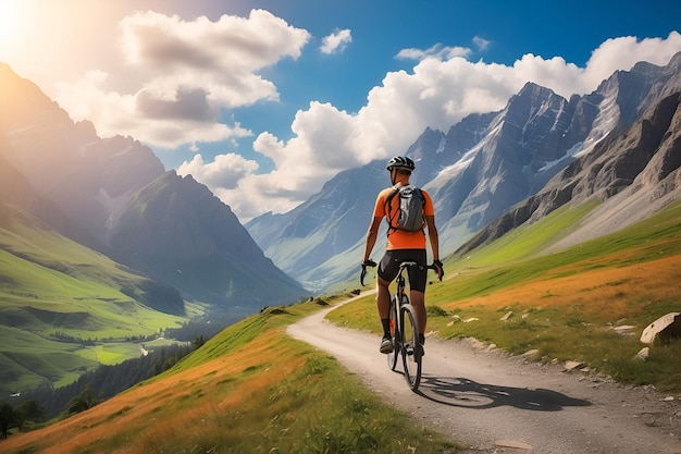 un hombre montando una bicicleta en un camino frente a una montaña con una montaña en el fondo