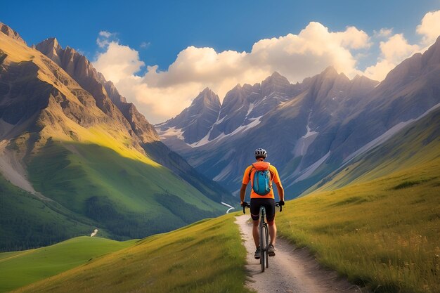 Foto un hombre montando una bicicleta en un camino frente a una montaña con una montaña en el fondo