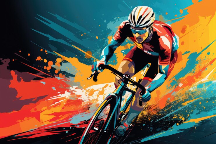 Hombre montando bicicleta en colorido estilo Paint Splash Ilustración abstracta de ciclista en acuarela Hombre