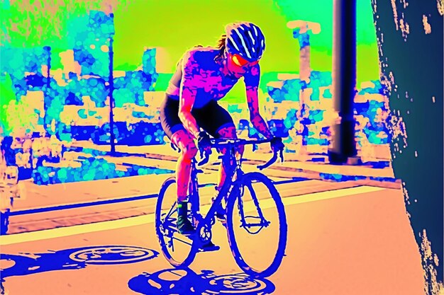 un hombre montando una bicicleta con un fondo colorido.