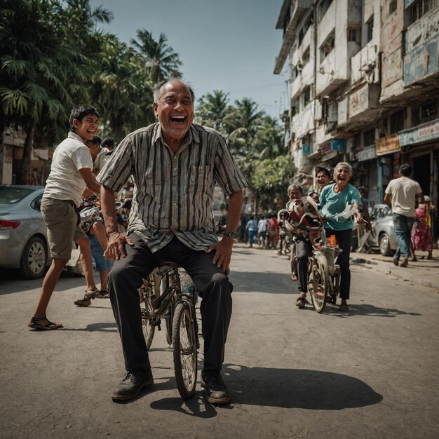 Foto un hombre está montando una bicicleta con un hombre en ella