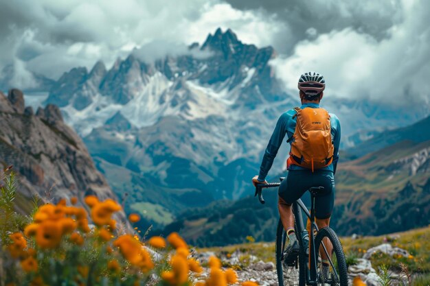 Foto hombre montando en bicicleta por la ladera de la montaña