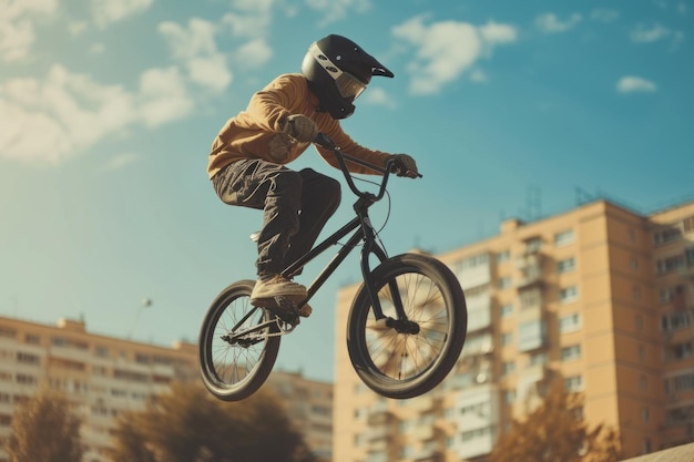 Hombre montando en bicicleta por el lado de la rampa