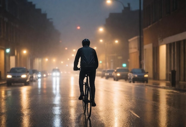 un hombre montando una bicicleta en la lluvia con una mochila