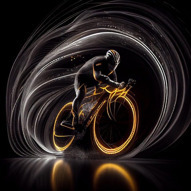 Un hombre montando en bicicleta con una luz en la espalda.