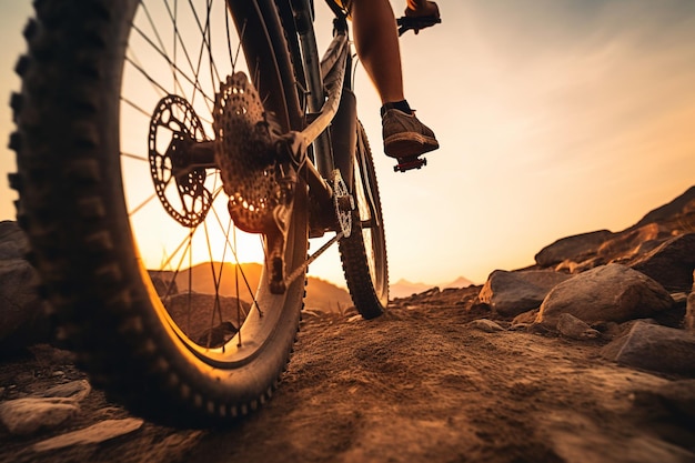 Hombre montando una bicicleta de montaña en ángulo bajo