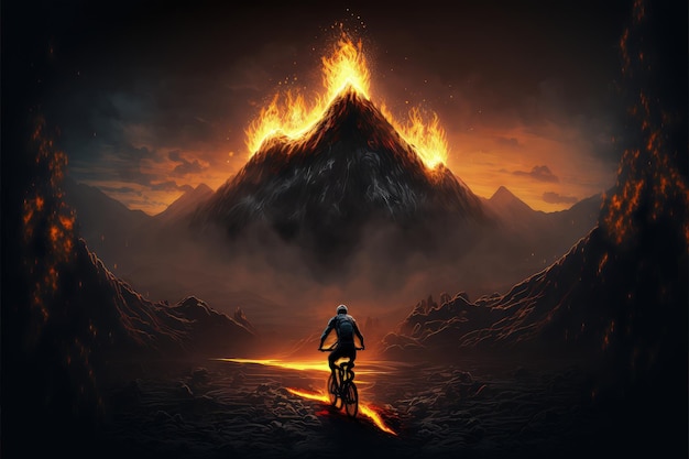 Hombre montando una bicicleta de montaña con fuego ardiente sobre fondo oscuro estilo de arte digital ilustración pintura concepto de fantasía de un ciclista en llamas