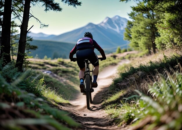 un hombre montando una bicicleta por un sendero con una montaña en el fondo