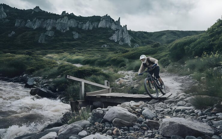 un hombre montando una bicicleta sobre un puente que tiene un puente sobre él