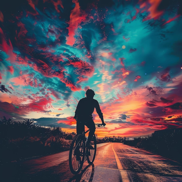 un hombre montando una bicicleta con el sol detrás de él