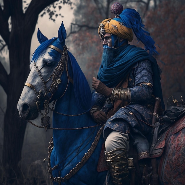 Un hombre montando un caballo con una cubierta azul en la cabeza.