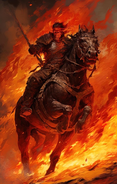 un hombre montando un caballo con una espada en la espalda