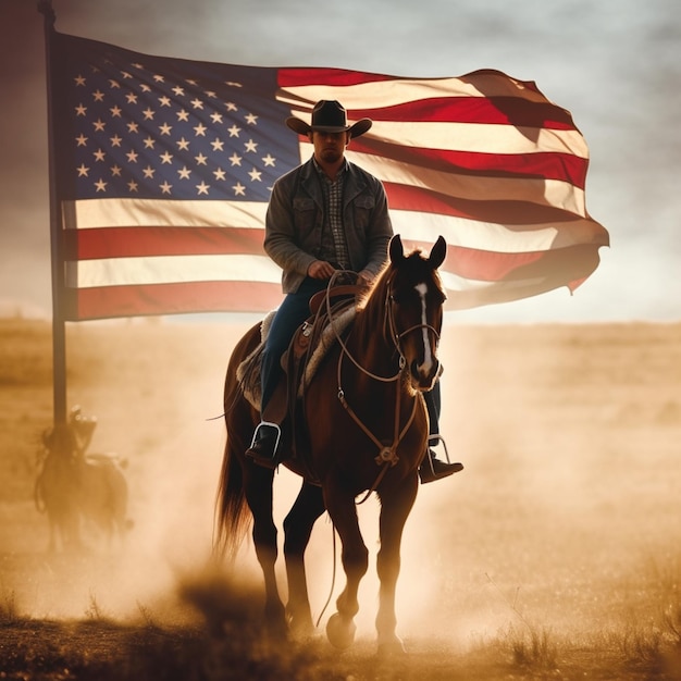 Un hombre montando a caballo frente a una bandera que dice los estados unidos de américa.