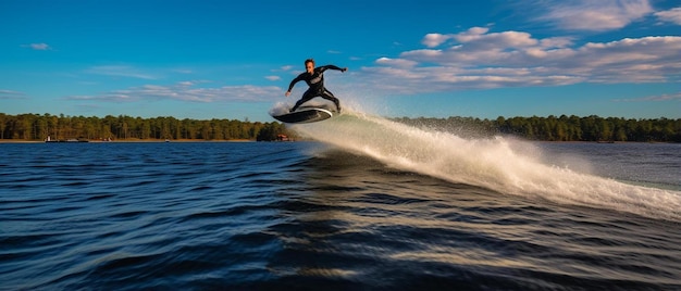 Foto hombre montando esquí acuático en el lago de verano