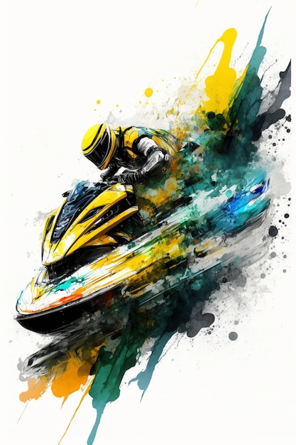 Hombre montando jet ski en pintura amarilla y negra salpicada de ai generativo