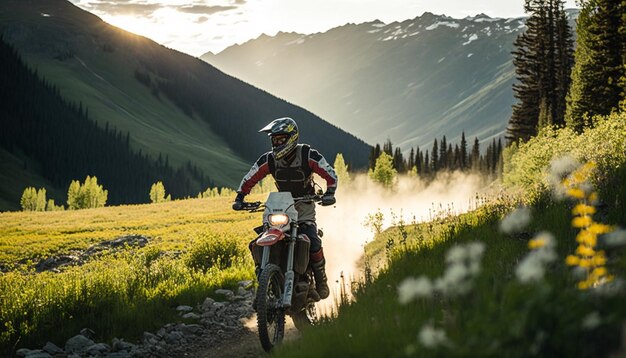 Un hombre montando una moto de cross en una carretera de montaña.