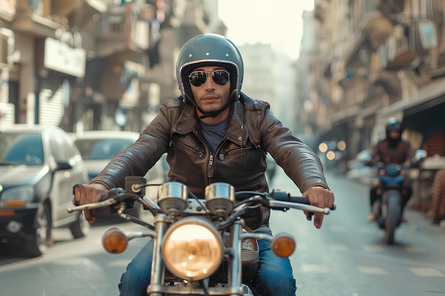 Un hombre montando una motocicleta por una calle al lado de un coche y un piloto de motocicleta con casco y