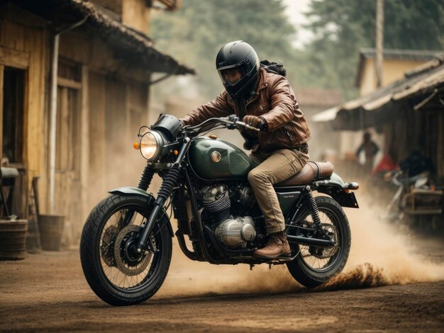 un hombre montando una motocicleta por un camino de tierra al lado de un edificio