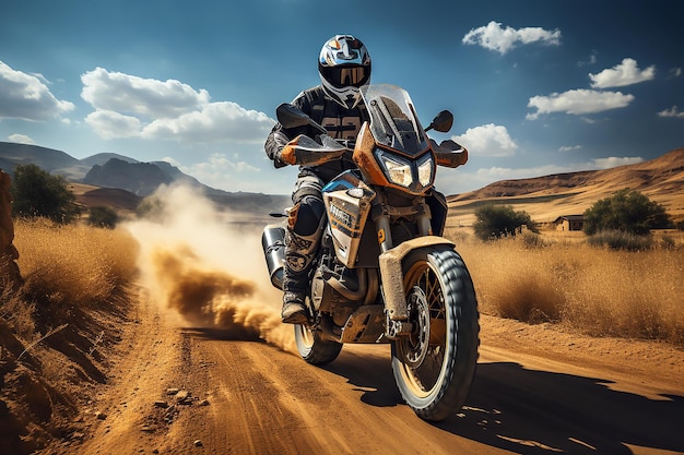 Un hombre montando una motocicleta en un camino de tierra con un fondo de cielo