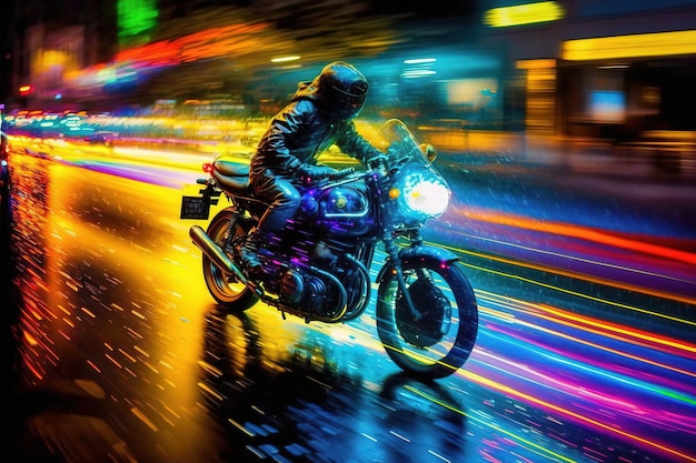 Un hombre montando una motocicleta en una carretera mojada con las luces encendidas.