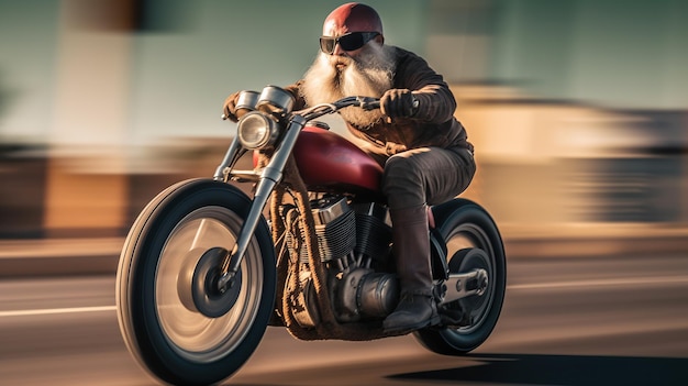 Un hombre montando una motocicleta con casco rojo y gafas en la parte delantera.