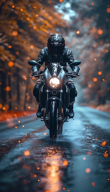 Foto un hombre montando una motocicleta con una luz en la espalda