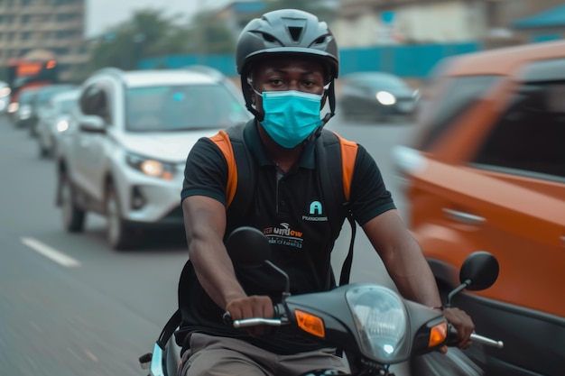 Hombre montando una motocicleta con máscara facial