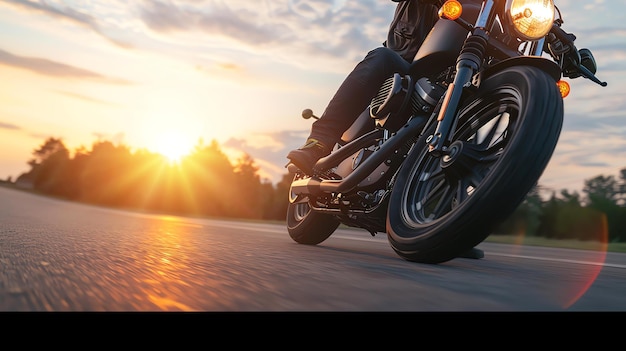 Un hombre montando una motocicleta negra en una carretera abierta al atardecer El sol se está poniendo detrás de él y el cielo es un naranja brillante