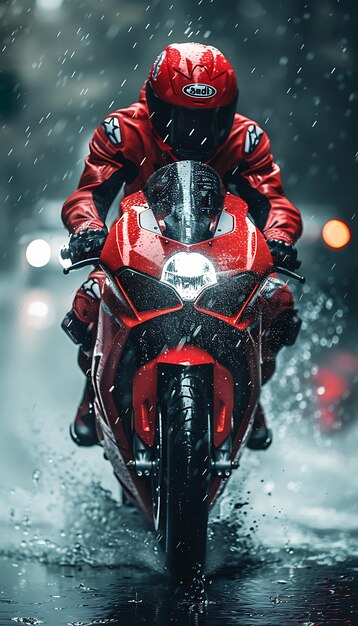 un hombre montando una motocicleta en la nieve con una chaqueta roja