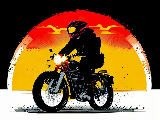 Un hombre montando una motocicleta con una puesta de sol en el fondo.
