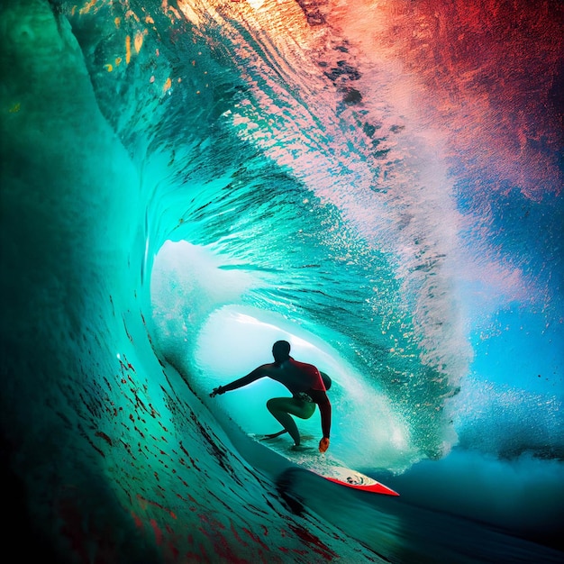 Foto hombre montando una ola encima de una tabla de surf generativa ai