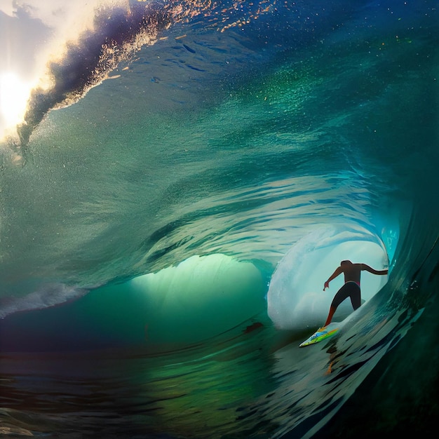 Hombre montando una ola encima de una tabla de surf generativa ai