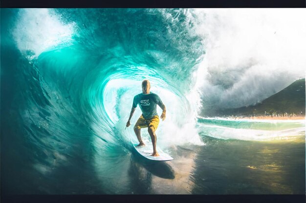 Hombre montando una ola encima de una tabla de surf generativa ai