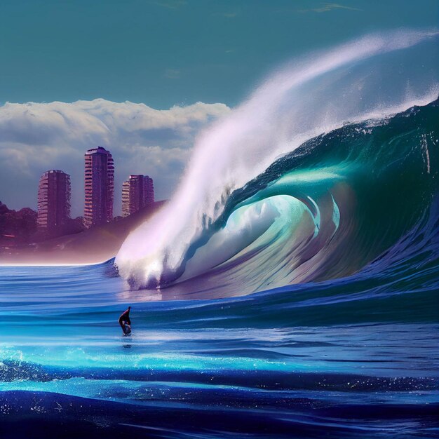 Hombre montando una ola encima de una tabla de surf generativa ai