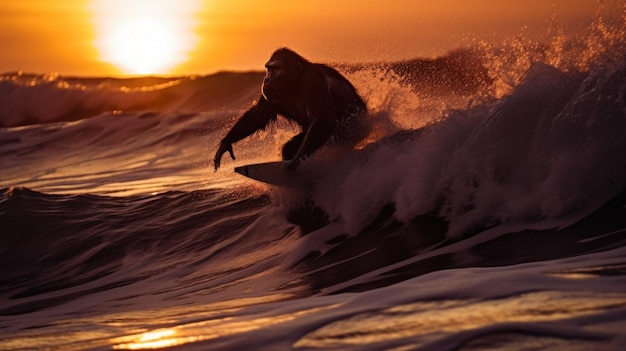 Un hombre montando una ola en la parte superior de una imagen de ai generativa de tabla de surf