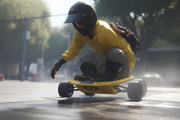 Un hombre montando una patineta en una carretera mojada en una ciudad.