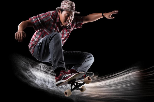 Foto un hombre está montando una patineta en la oscuridad