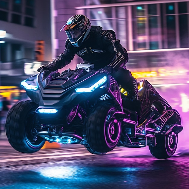 Un hombre montando un quad con la palabra velocidad en el frente.