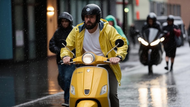 Foto un hombre montando un scooter con una chaqueta amarilla