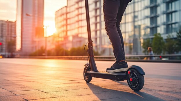 Un hombre montando un scooter eléctrico negro en el paisaje urbano al atardecer Generative Ai