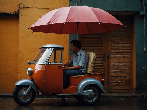 un hombre montando un scooter con un paraguas sobre su cabeza