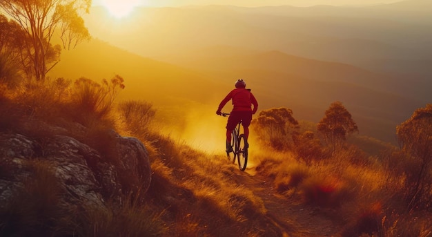 Foto un hombre está montando su bicicleta de montaña a lo largo de un terreno al amanecer