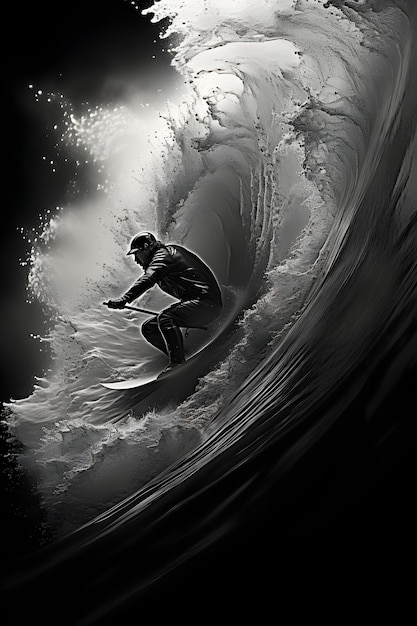 un hombre montando su tabla de surf en olas al estilo de la abstracción en blanco y negro