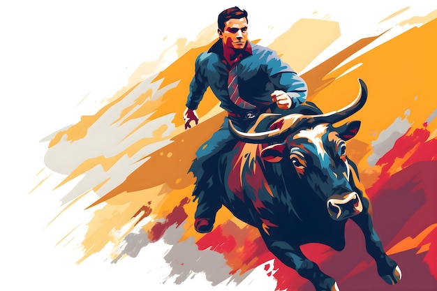 Un hombre montando un toro con una camisa azul que dice 'toro'