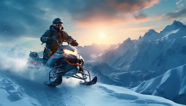 Un hombre montando un vehículo de nieve en la montaña