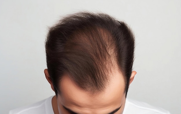 Hombre moreno con alopecia pérdida de cabello está mostrando su cabello escaso en fondo blanco vista superior