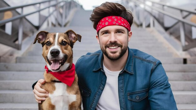 Foto hombre moreno elegante con pañuelo rojo junto al perro