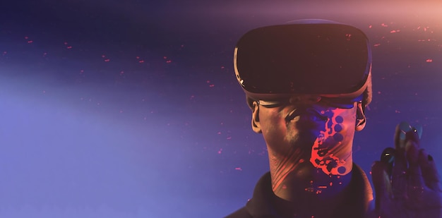 Hombre moreno con gafas de realidad virtual estilo glitch con colores neón
